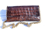  1990's Tobacco Brown CROCODILE Skin Baguette CLUTCH Shoulder Bag 