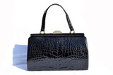  XL Classic 1950s-60's Jet Black SAKS FIFTH AVENUE Alligator Belly Skin Handbag - GRIMALDI 