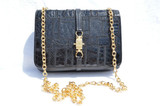  Jet Black 1980's-90's Patchwork CROCODILE Skin CROSS Body Shoulder Bag 