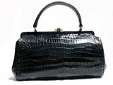  1950's-60's Jet Black CROCODILE Skin Doctor Style Handbag - HOLLYWOOD 