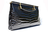  XL 15 x 10 JET BLACK 1980's ALLIGATOR Belly Skin Handbag - COMTESSE! 