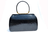  XL 13.5" JET BLACK 1960's CROCODILE Belly Skin Handbag - Structured Handle & RED Leather Lining! 