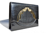  NAVY BLUE 1950's-60's MARTIN VAN SCHAAK Lizard Skin Bag - Jeweled Peacocks 