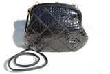  Jet BLACK 1980's QUILTED Cobra Snake Skin Shoulder CROSSBODY Bag 