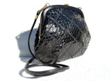  Jet BLACK 1980's QUILTED Cobra Snake Skin Shoulder CROSSBODY Bag 