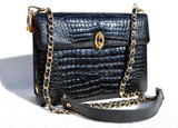  Jet BLACK GIOTTI 1990's ALLIGATOR Belly Skin Chanel Style Shoulder CROSS BODY Bag - ITALY! 