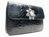  Jeweled JET BLACK 1950's-60's TURTLE SKIN Clutch Shoulder Bag 