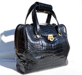  XL 1960's Jet Black Alligator Belly Skin Handbag Bowler - JOHN F. - Italy 
