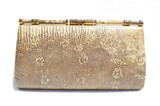 Large Pale Yellow & Brown 1950's-60's MONITOR (Ring) Lizard Skin CLUTCH - w/ Fold-In Handle