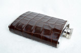 New! Custom Chocolate Brown ALLIGATOR Belly Skin 6 Oz. Stainless Hip FLASK 