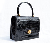 Stunning  JET BLACK 1950's-60's CROCODILE POROSUS Handbag - Princess - HERMES Quality - Italy