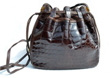 LEDERER 1980's Chocolate Brown CROCODILE BELLY Skin Drawstring SHOULDER Bag Bucket Tote
