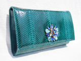 Jeweled TURQUOISE Green 1970's-80's COBRA Snake Skin Clutch Shoulder Bag