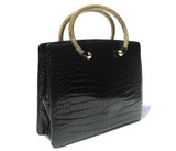 RARE JET BLACK 1950's-60's MARTIN VAN SCHAAK Crocodile Porosus Skin Handbag - Metal Handles!