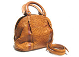 XL BRITISH TAN Early 2000's Ostrich Leg Skin Handbag Bowler Shoulder Bag