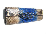 Stunning Jeweled BLUE & TAN Python Snake Skin Clutch Shoulder Bag - Falchi