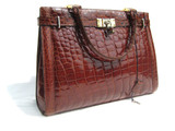 J. PEREZ 1990's Chestnut CROCODILE Belly Skin Belted Handbag w/Lock & Key - ITALY - Hermes Style 