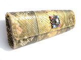 Stunning Jeweled Gold, Blue & Pink Python Snake Skin Clutch Shoulder Bag - Falchi