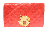 RED 1980's QUILTED COBRA Snake Skin CLUTCH Shoulder Cross-Body Bag with Ladybug - SAKS 