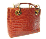 Lovely 1990's COGNAC ALLIGATOR Belly Skin Handbag - HELENE'