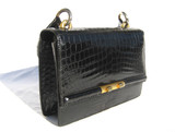 LEDERER 1950's-60's Jet Black CROCODILE Skin Shoulder Bag - Hermes Style