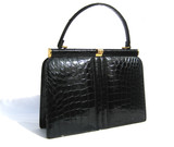 Timeless Jet Black 1960's Structured Alligator Belly Skin Handbag