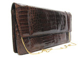 1980's Brown Crocodile CAIMAN Belly Skin Clutch Shoulder Bag 
