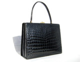  TRES CHIC 1960's Jet Black CROCODILE Belly Skin Handbag 