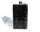 Tall Custom Midnight BLACK Alligator Belly Skin 6 Oz. Stainless Hip FLASK - NEW!