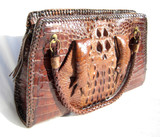 Dark Brown 1940's-50's  Antique Hornback Alligator Skin Handbag w/Laced Edges & Paws!