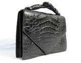 Unique 2010's Jet Black CROCODILE Skin Envelope Style Handbag 