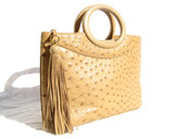 Gorgeous Ample Tan  Ostrich Skin Handbag - SUAREZ - Double Lucite Handles!