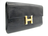  LARGE 1980's BLACK Lizard Skin Clutch Shoulder Bag - FINESSE LA MODEL - Hermes Style 