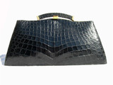  15.5" JET BLACK 1950's-60's ALLIGATOR Clutch - ARGENTINA 