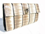  1970's-80's Cream & Black WATER SNAKE Skin Jeweled Swan CLUTCH 