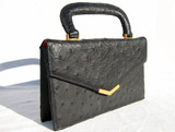  Petite JET BLACK 1950's-60's OSTRICH Skin Handbag - KORET 
