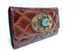  Custom RUST 1970's Quilted COBRA Snake Skin CLUTCH Shoulder Bag - Stone & Brass! 
