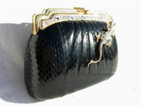  BLACK Jeweled 1980's COBRA Snake Skin CLUTCH Evening Bag - TIRA's 