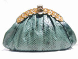  JEWELED Green 1970's-80's COBRA Snake Skin CLUTCH Shoulder Bag 