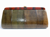  GREEN 1960's COBRA Snake Skin CLUTCH Handbag - TIGER LUCITE! 