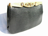  BLACK 1950's-60's ROSENFELD Lizard Skin Handbag w/CAMEOS & JEWELS 