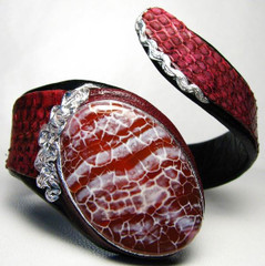 New! CRAB AGATE & RED COBRA Snake Skin CUFF Bracelet