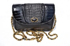 1990's-2000's Black Hornback Crocodile and Leather Clutch Shoulder Bag - SISO - Italy