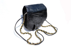 Jet Black 1980's-90's LA BAGAGERIE Crocodile Porosus Belly Skin CROSS Body Shoulder Bag - FRANCE