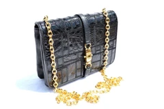 Jet Black 1980's-90's Patchwork CROCODILE Skin CROSS Body Shoulder Bag