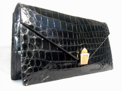 COBLENTZ 1950's-60's Jet Black ALLIGATOR Belly Skin CLUTCH Bag