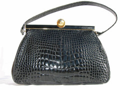 Jet Black 1960's SACHA Alligator Skin Handbag - FRANCE