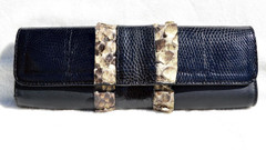 Chic 1990's Ruffled PYTHON Snake Skin & Black Lizard Clutch Shoulder CROSS BODY Bag