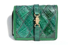Unusual 1990's GREEN Patchwork CROCODILE Skin Clutch Bag Jewelry Case
