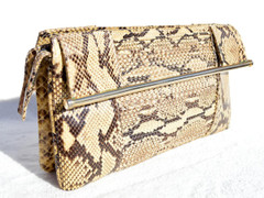 1970's-80's Susan Gail Pleated PYTHON Snake Skin CLUTCH Handbag - Great Handles!